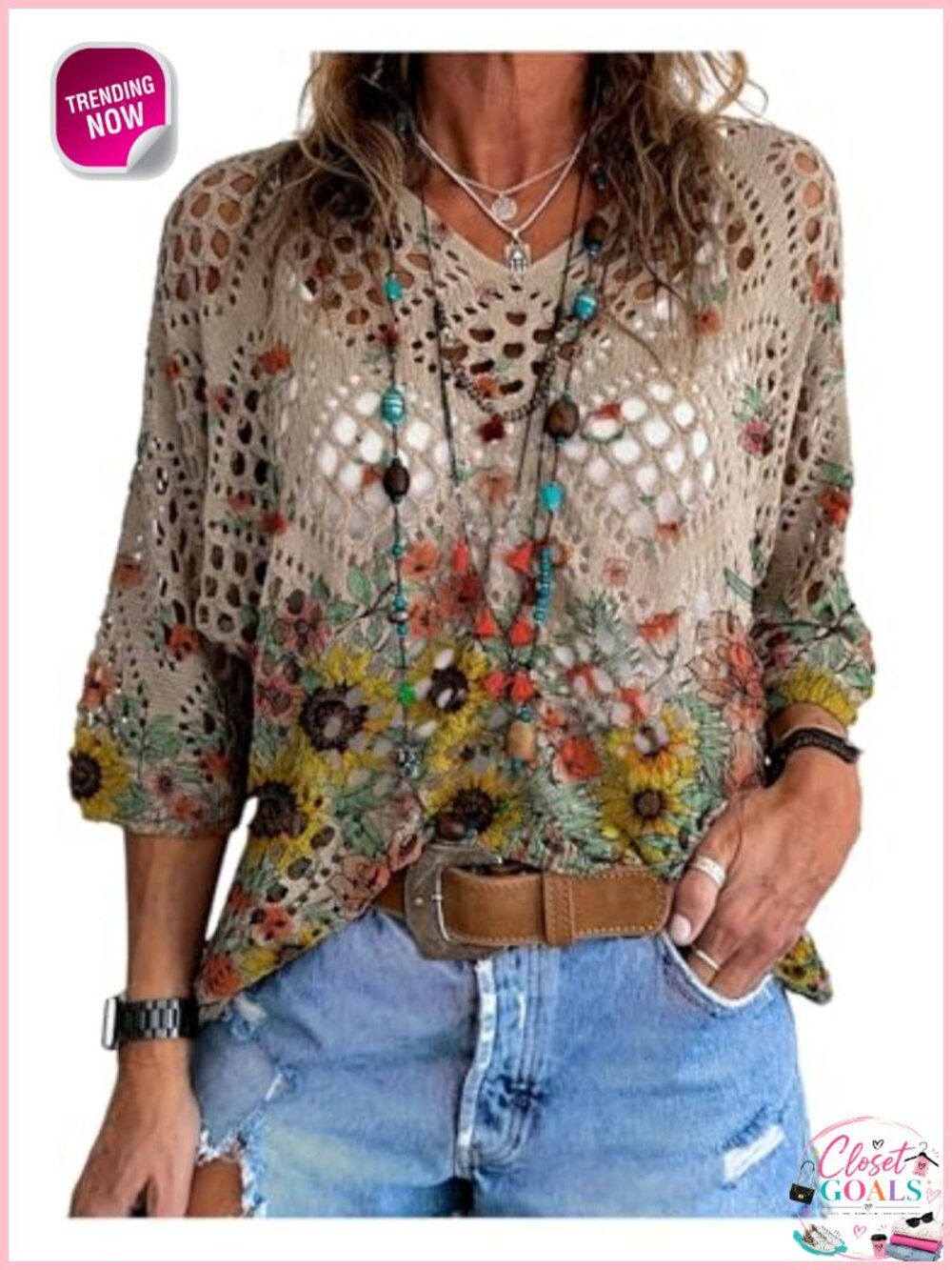 Boho Lightweight Knit Sweater Beach Cover Up V-Neck 3/4 Sleeve